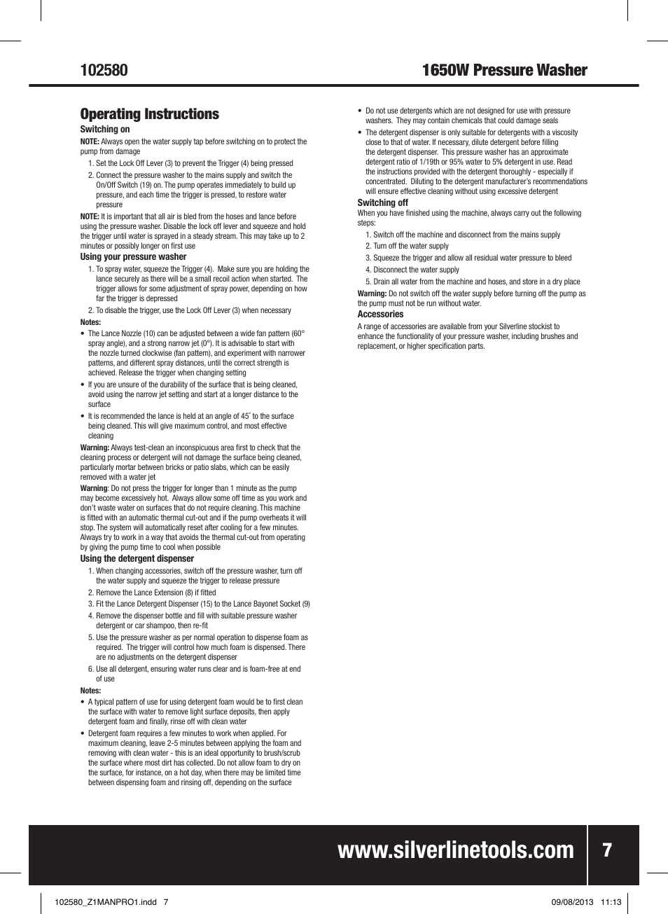 Operating instructions | Silverline Pressure Washer 1650W User Manual | Page 8 / 40