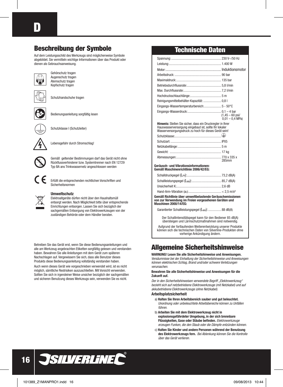 Allgemeine sicherheitshinweise, Beschreibung der symbole, Technische daten | Silverline Pressure Washer 1400W User Manual | Page 17 / 40