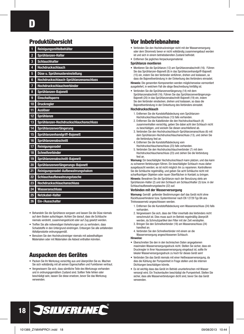 Vor inbetriebnahme, Auspacken des gerätes, Produktübersicht | Silverline Pressure Washer 1400W User Manual | Page 19 / 40