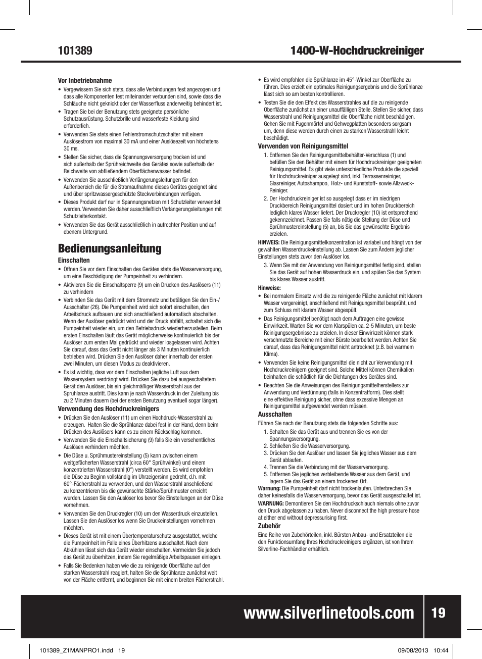 Bedienungsanleitung | Silverline Pressure Washer 1400W User Manual | Page 20 / 40