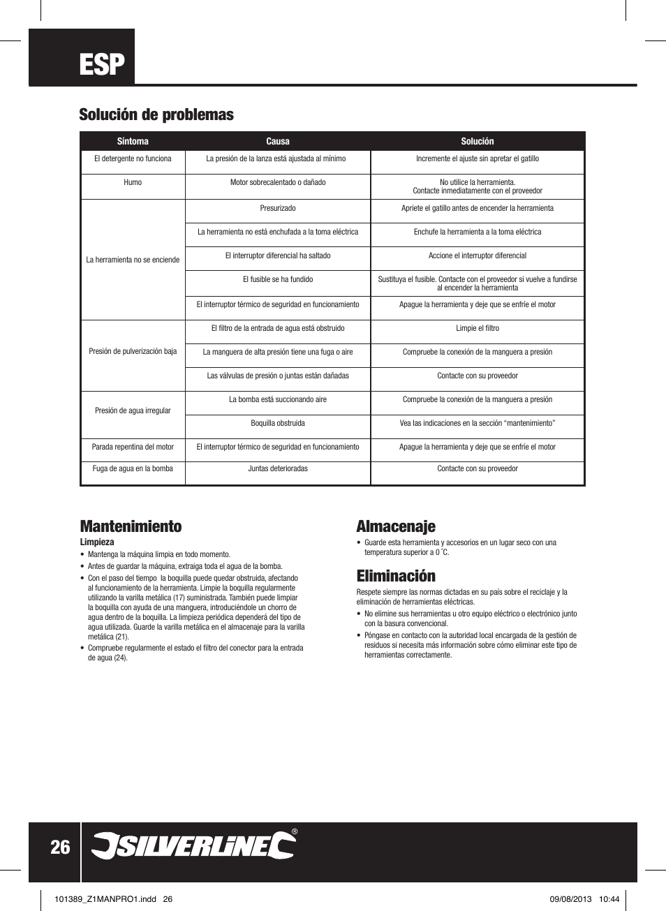 Solución de problemas mantenimiento, Almacenaje, Eliminación | Silverline Pressure Washer 1400W User Manual | Page 27 / 40