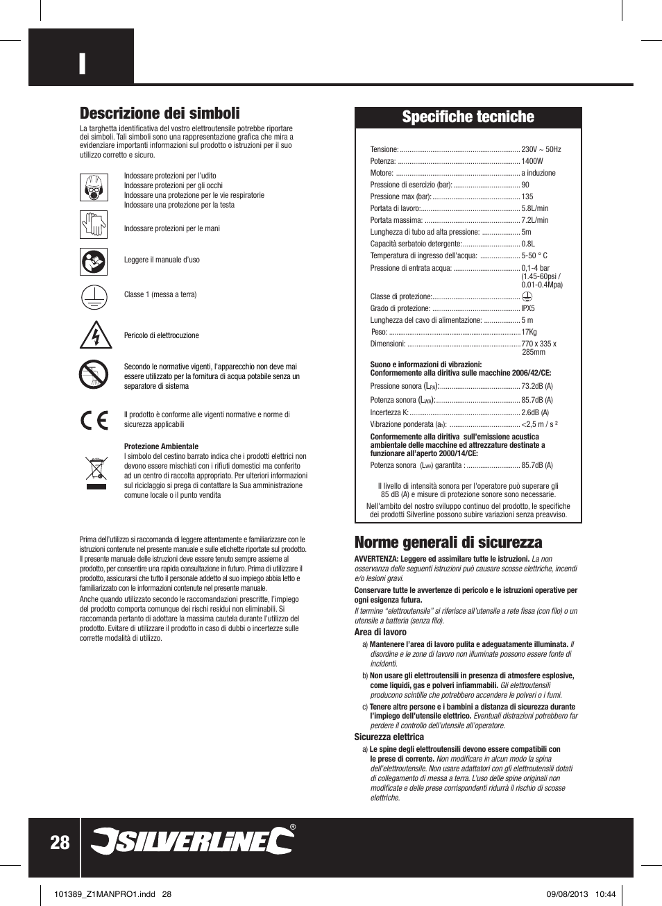 Norme generali di sicurezza, Descrizione dei simboli, Specifiche tecniche | Silverline Pressure Washer 1400W User Manual | Page 29 / 40