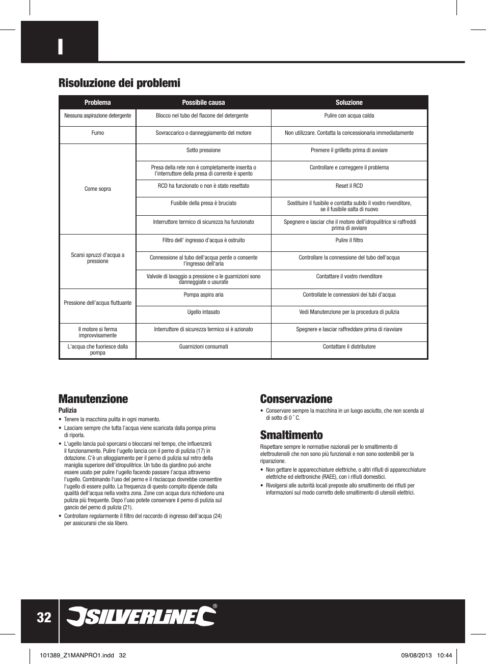 Manutenzione, Conservazione, Smaltimento | Risoluzione dei problemi | Silverline Pressure Washer 1400W User Manual | Page 33 / 40