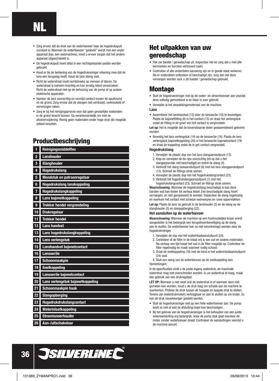 Het uitpakken van uw gereedschap, Montage, Productbeschrijving | Silverline Pressure Washer 1400W User Manual | Page 37 / 40