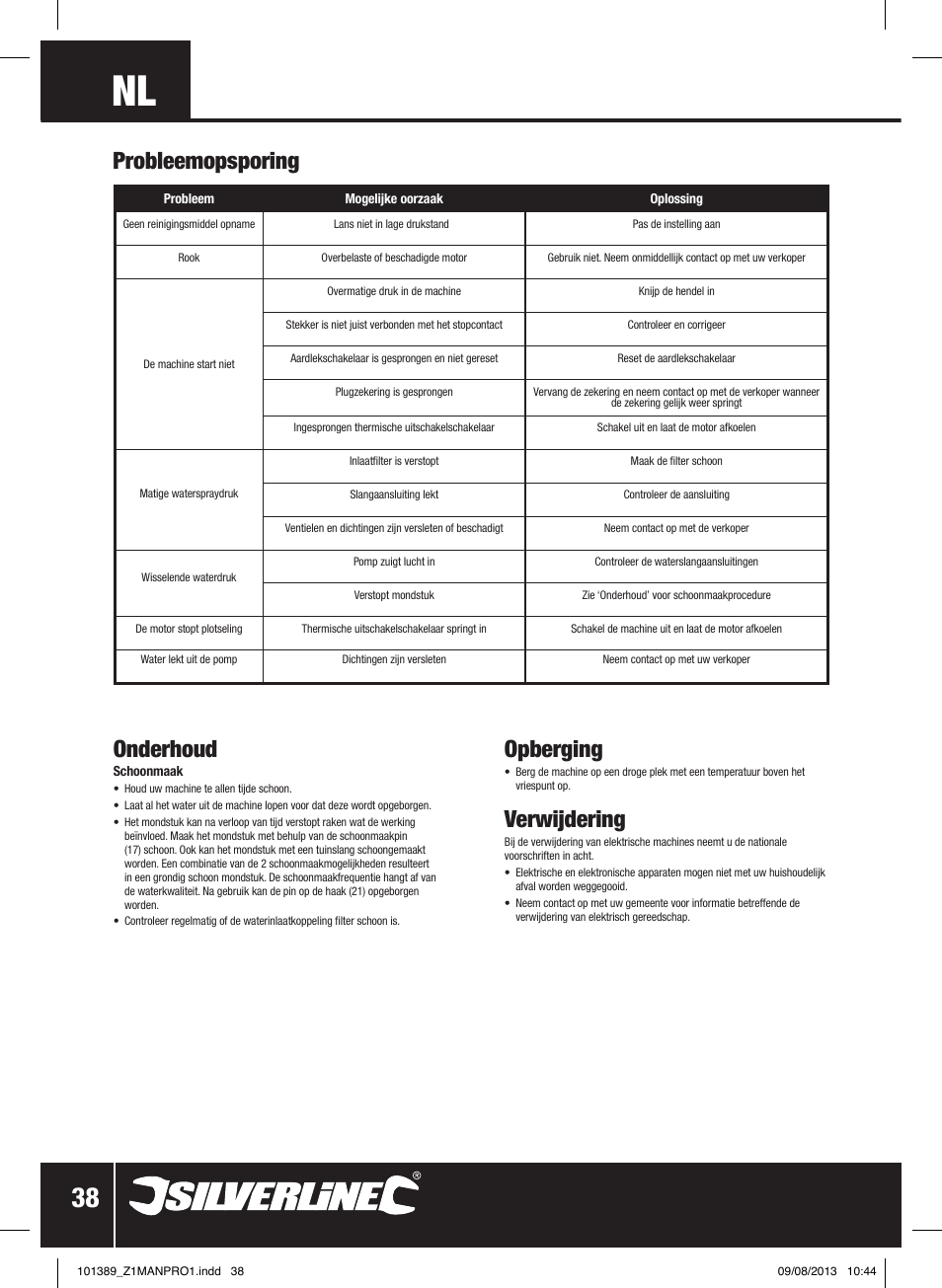 Onderhoud, Opberging, Verwijdering | Probleemopsporing | Silverline Pressure Washer 1400W User Manual | Page 39 / 40