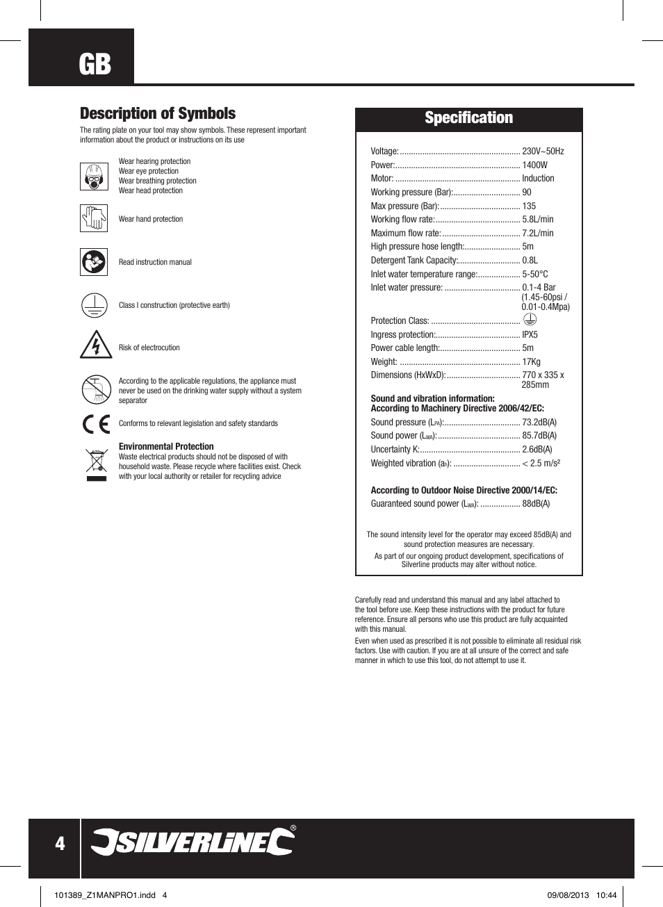 Description of symbols, Specification | Silverline Pressure Washer 1400W User Manual | Page 5 / 40