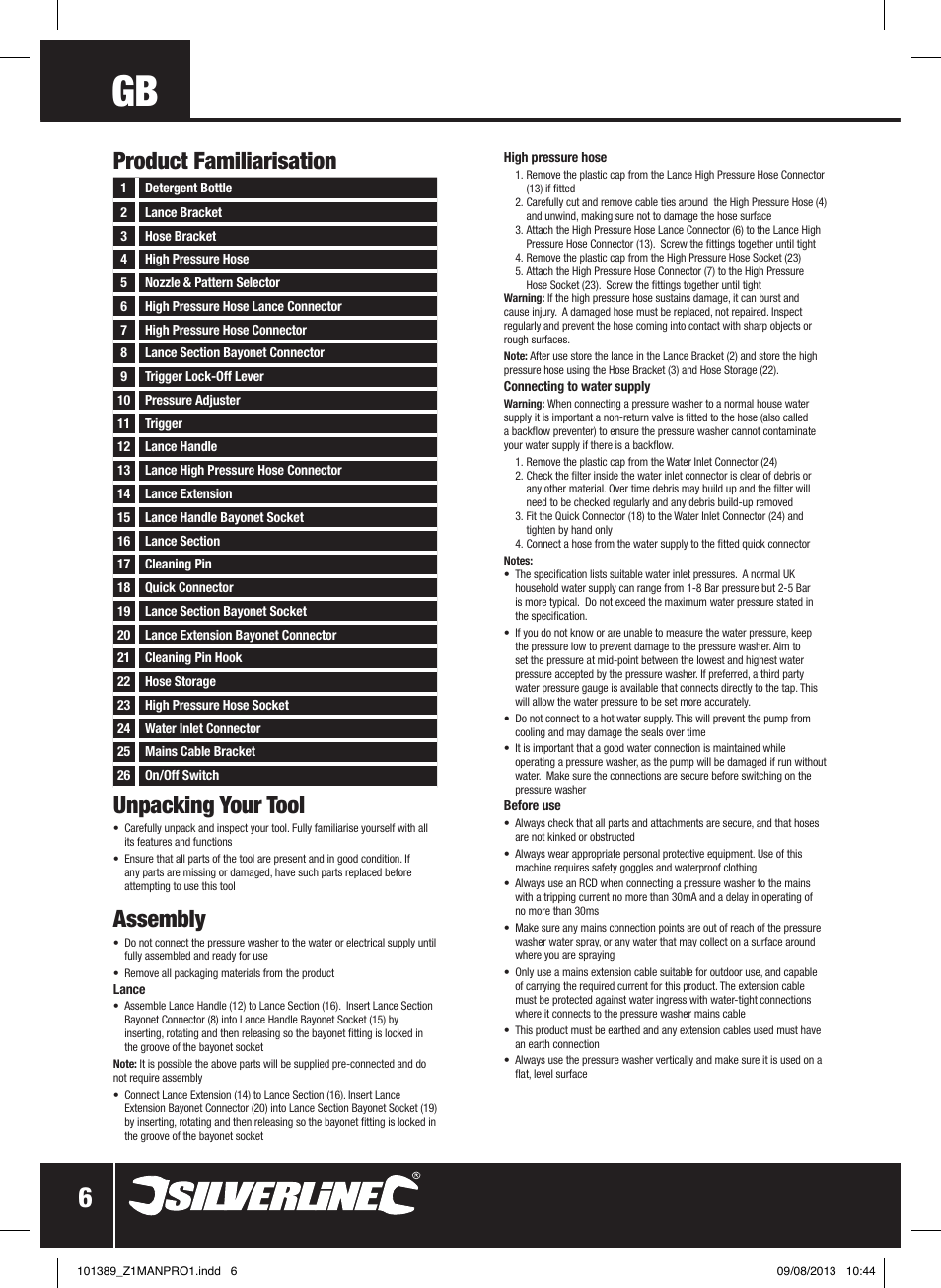 Unpacking your tool, Assembly, Product familiarisation | Silverline Pressure Washer 1400W User Manual | Page 7 / 40