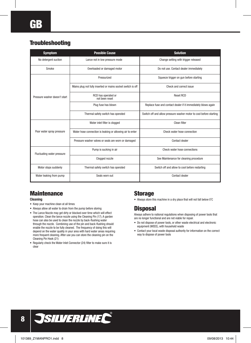 Maintenance, Troubleshooting storage, Disposal | Silverline Pressure Washer 1400W User Manual | Page 9 / 40