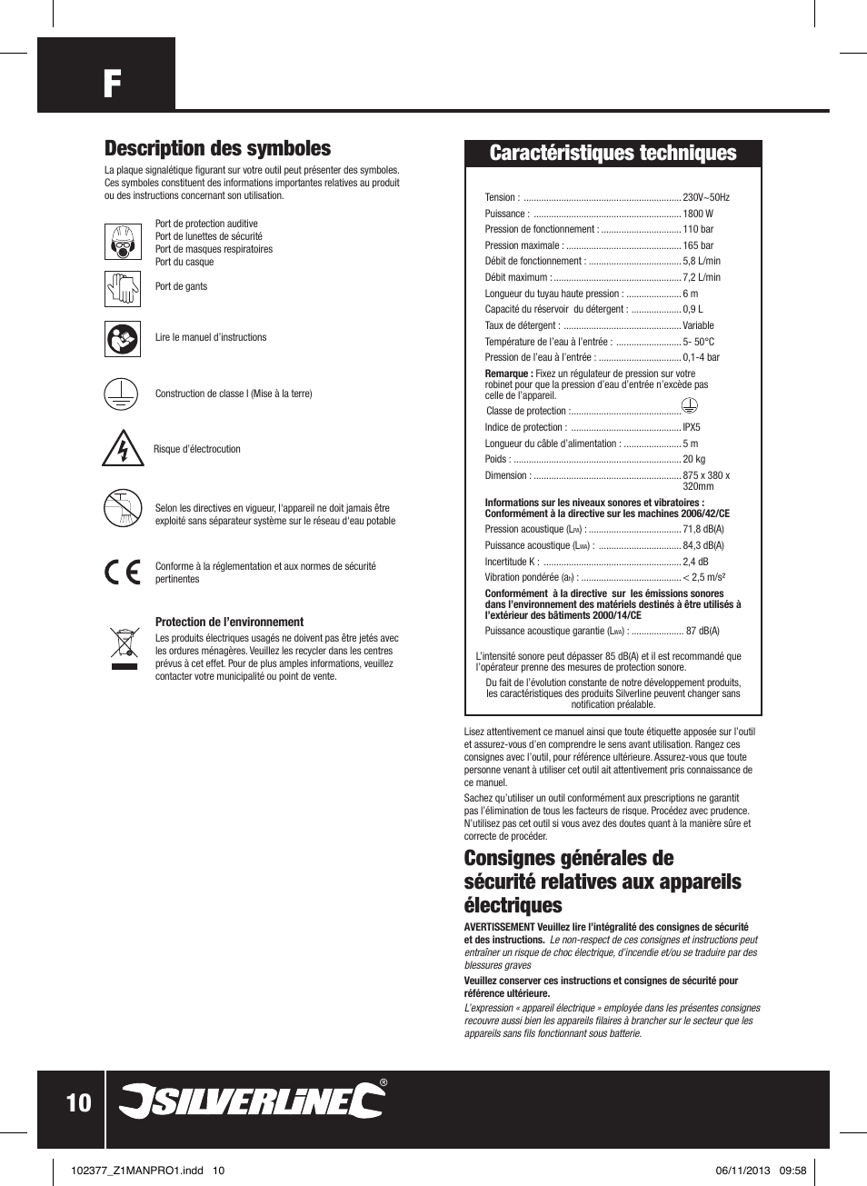 Description des symboles, Caractéristiques techniques | Silverline Pressure Washer 1800W User Manual | Page 11 / 40