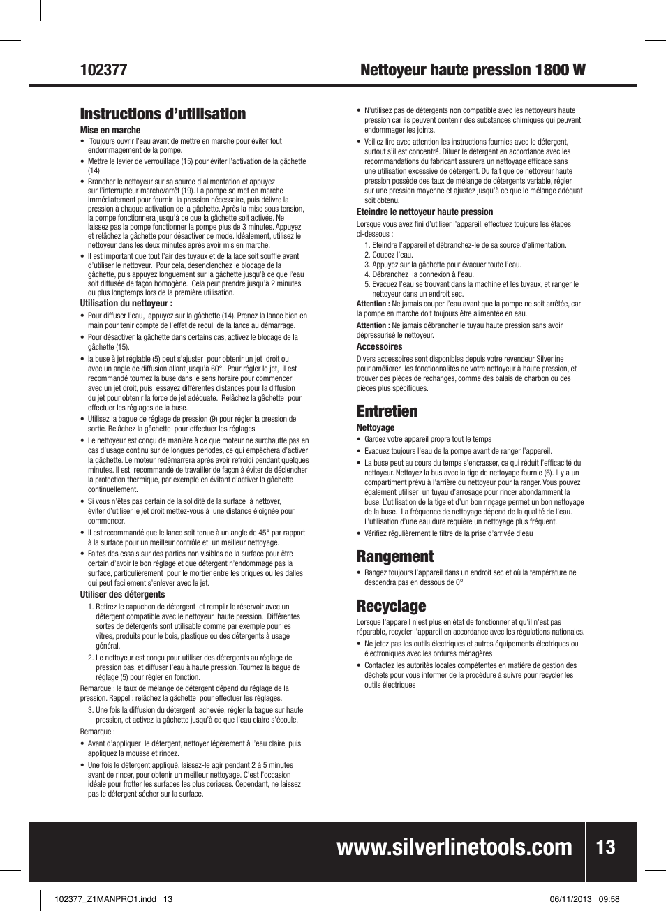 Instructions d’utilisation, Entretien, Rangement | Recyclage | Silverline Pressure Washer 1800W User Manual | Page 14 / 40
