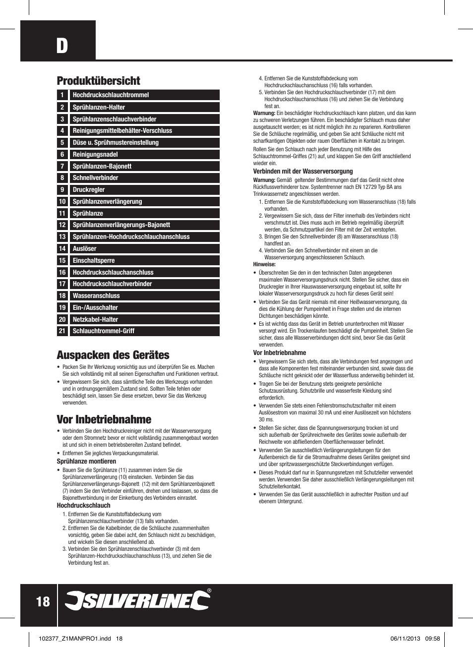 Auspacken des gerätes, Vor inbetriebnahme, Produktübersicht | Silverline Pressure Washer 1800W User Manual | Page 19 / 40