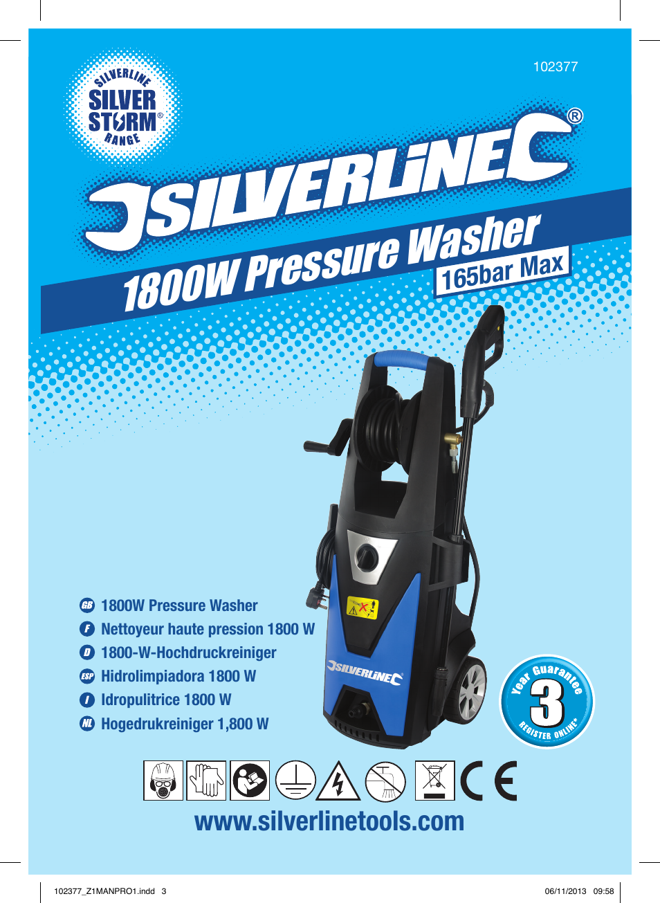 1800w pressure washer, 165bar max | Silverline Pressure Washer 1800W User Manual | Page 2 / 40