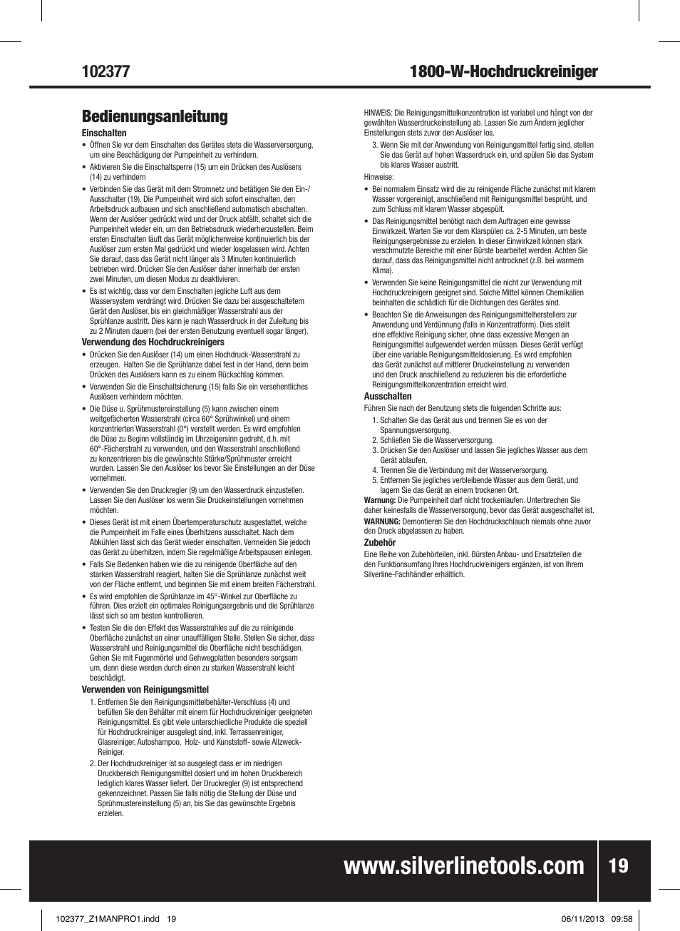 Bedienungsanleitung | Silverline Pressure Washer 1800W User Manual | Page 20 / 40