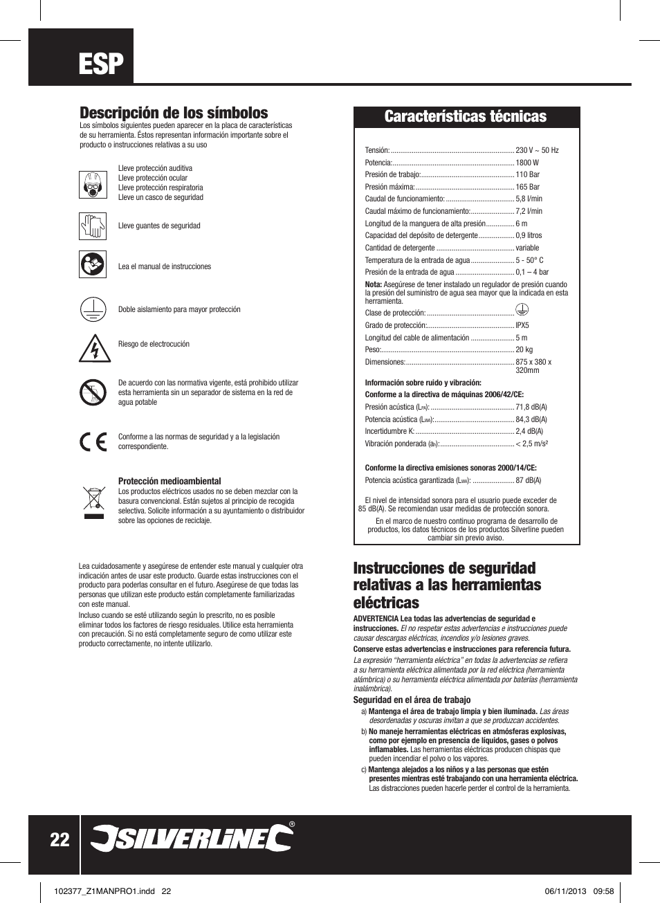 Descripción de los símbolos, Características técnicas | Silverline Pressure Washer 1800W User Manual | Page 23 / 40