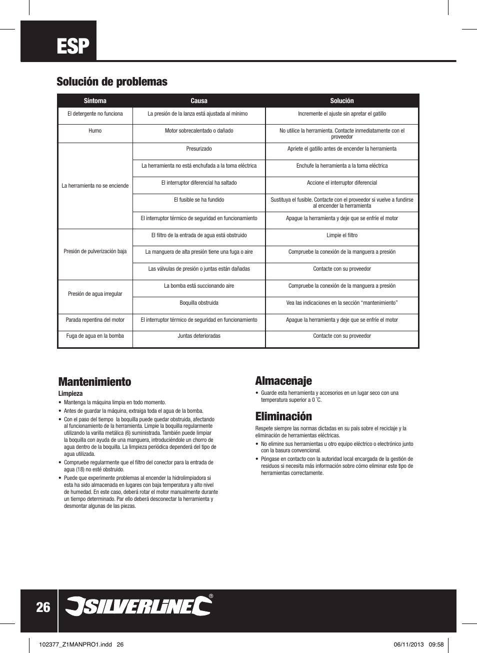 Mantenimiento, Solución de problemas almacenaje, Eliminación | Silverline Pressure Washer 1800W User Manual | Page 27 / 40