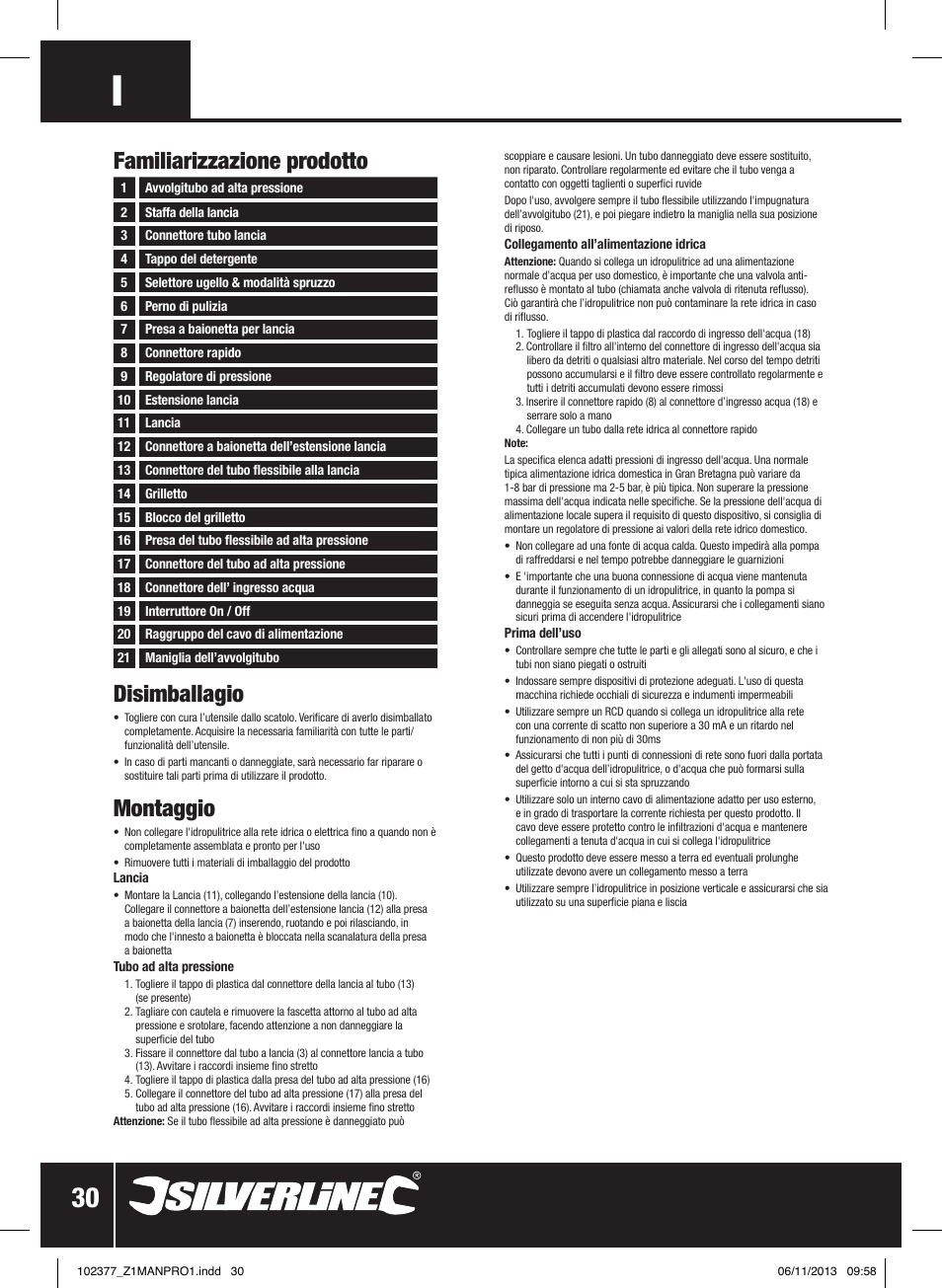 Disimballagio, Montaggio, Familiarizzazione prodotto | Silverline Pressure Washer 1800W User Manual | Page 31 / 40