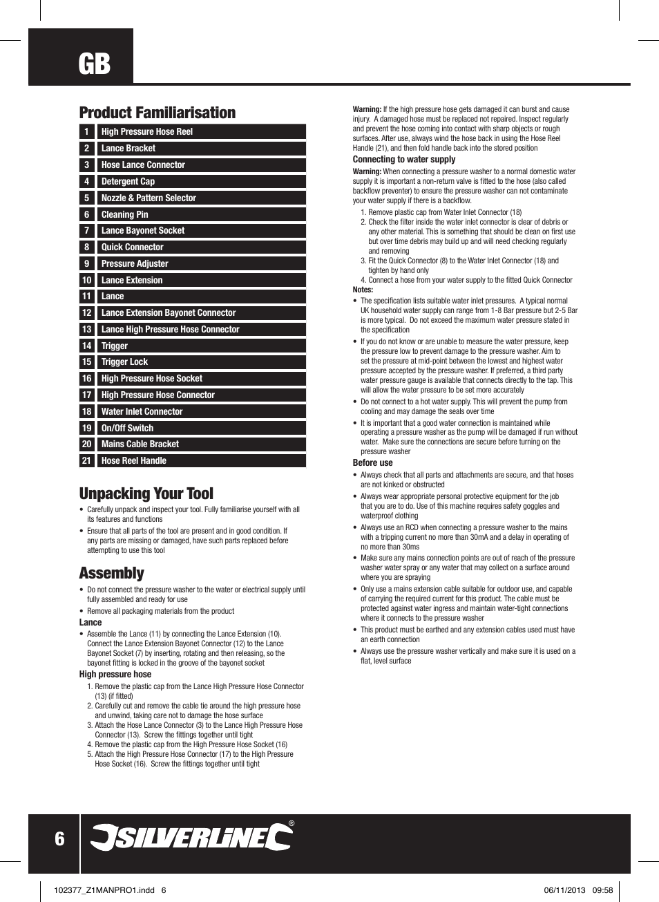 Unpacking your tool, Assembly, Product familiarisation | Silverline Pressure Washer 1800W User Manual | Page 7 / 40