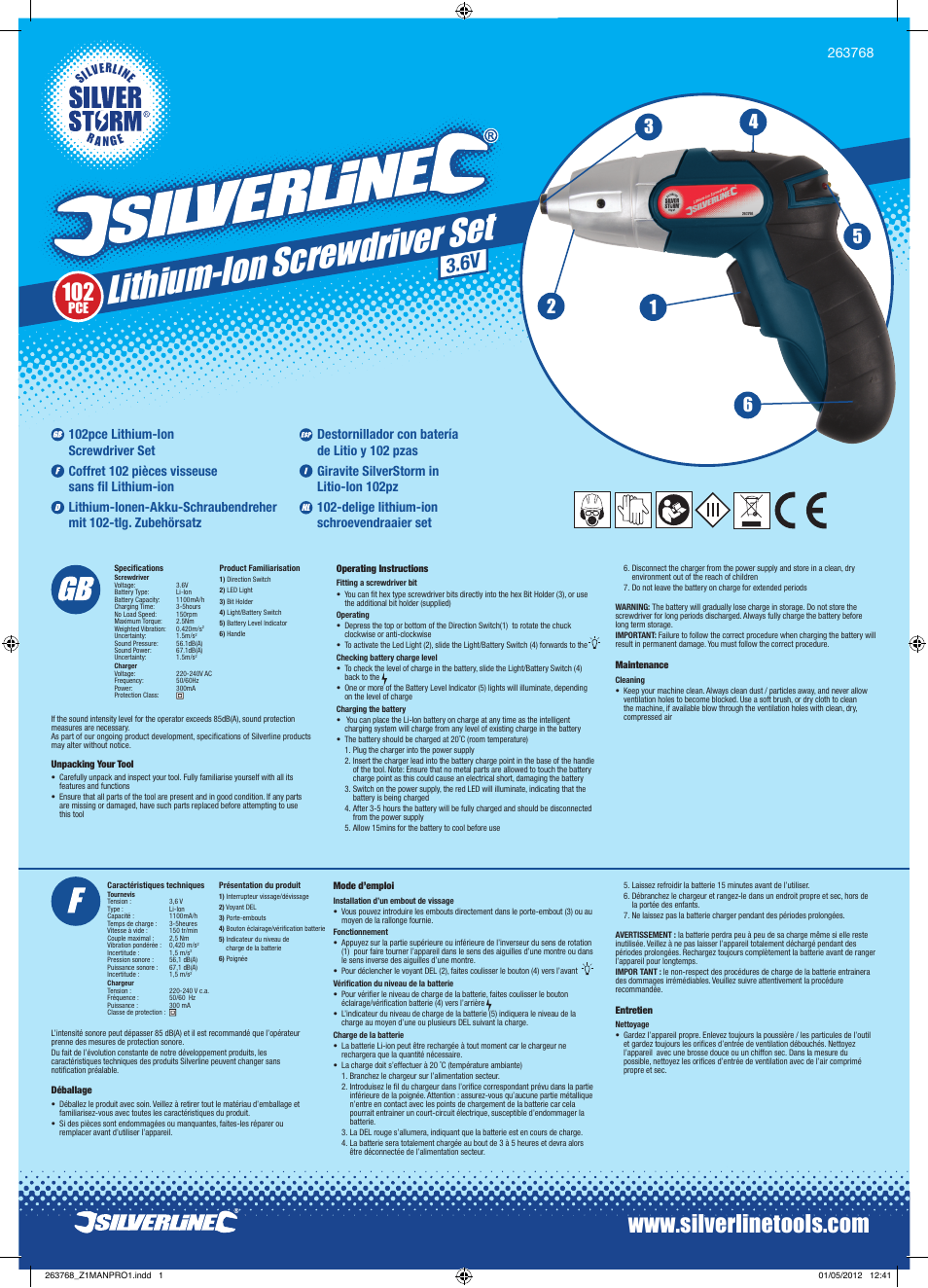 Silverline Cordless Screwdriver Set 102pce User Manual | 2 pages