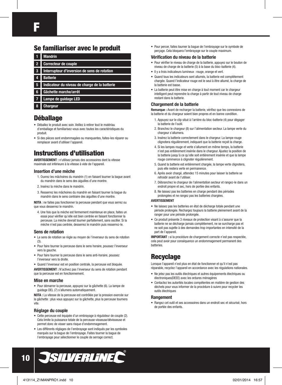 Déballage, Instructions d’utilisation, Recyclage | Se familiariser avec le produit | Silverline 10.8V Drill Driver User Manual | Page 11 / 28