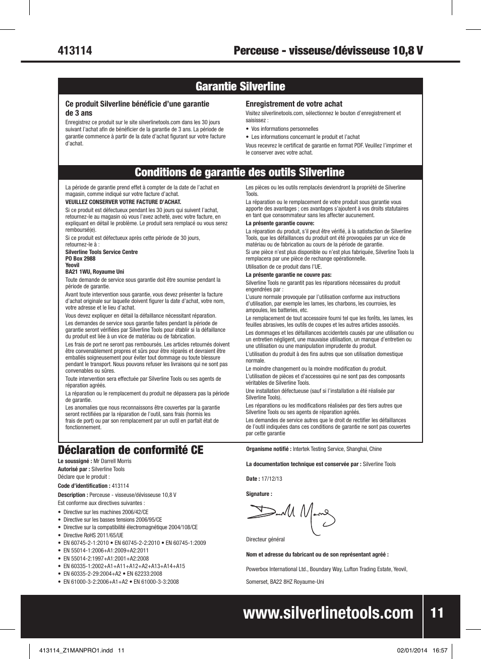 Déclaration de conformité ce | Silverline 10.8V Drill Driver User Manual | Page 12 / 28
