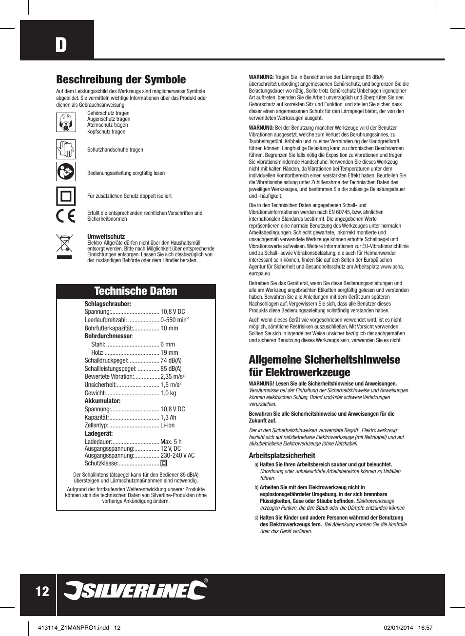 Beschreibung der symbole, Technische daten | Silverline 10.8V Drill Driver User Manual | Page 13 / 28