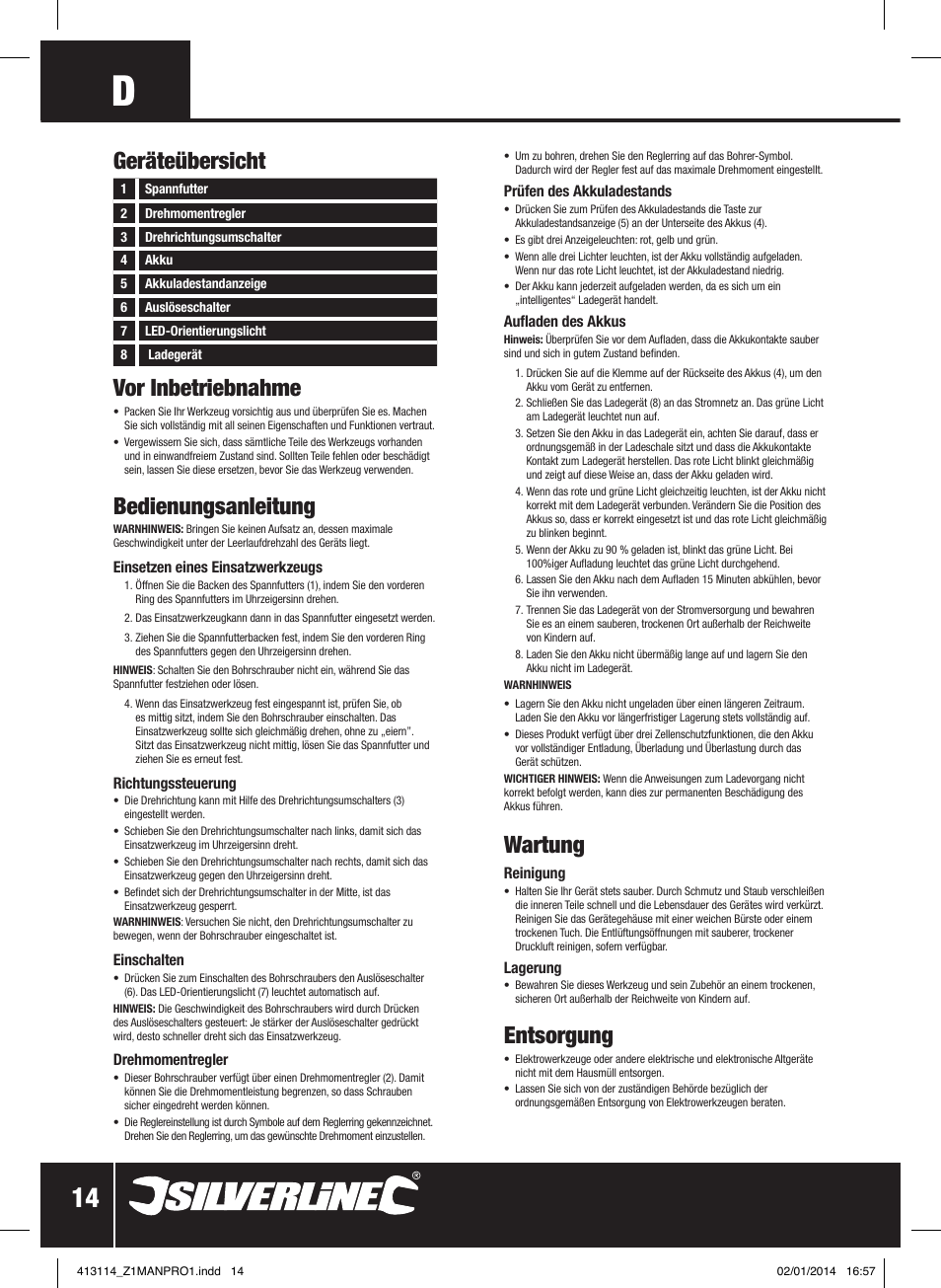 Vor inbetriebnahme, Bedienungsanleitung, Wartung | Entsorgung, Geräteübersicht | Silverline 10.8V Drill Driver User Manual | Page 15 / 28