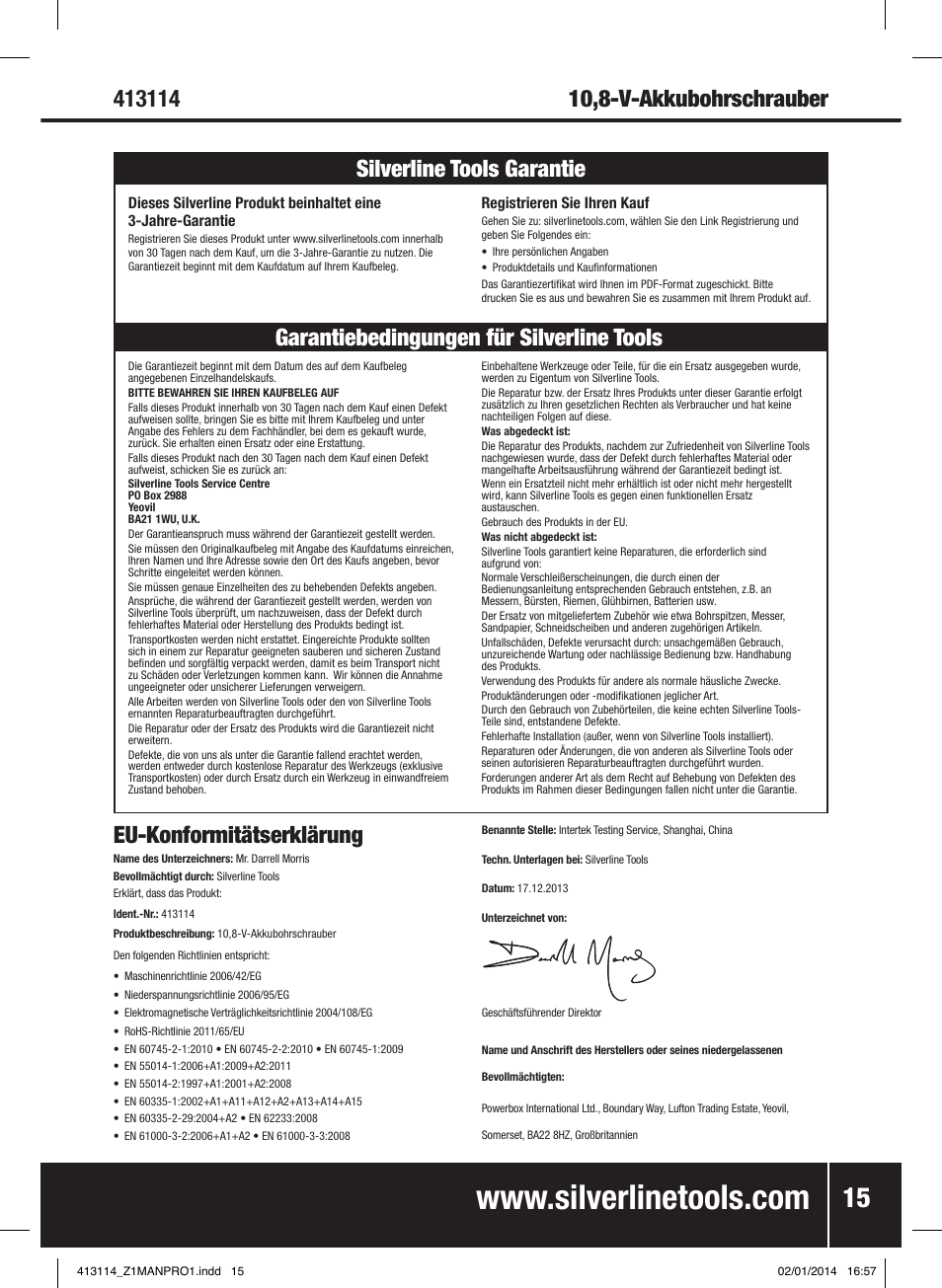 Eu-konformitätserklärung | Silverline 10.8V Drill Driver User Manual | Page 16 / 28