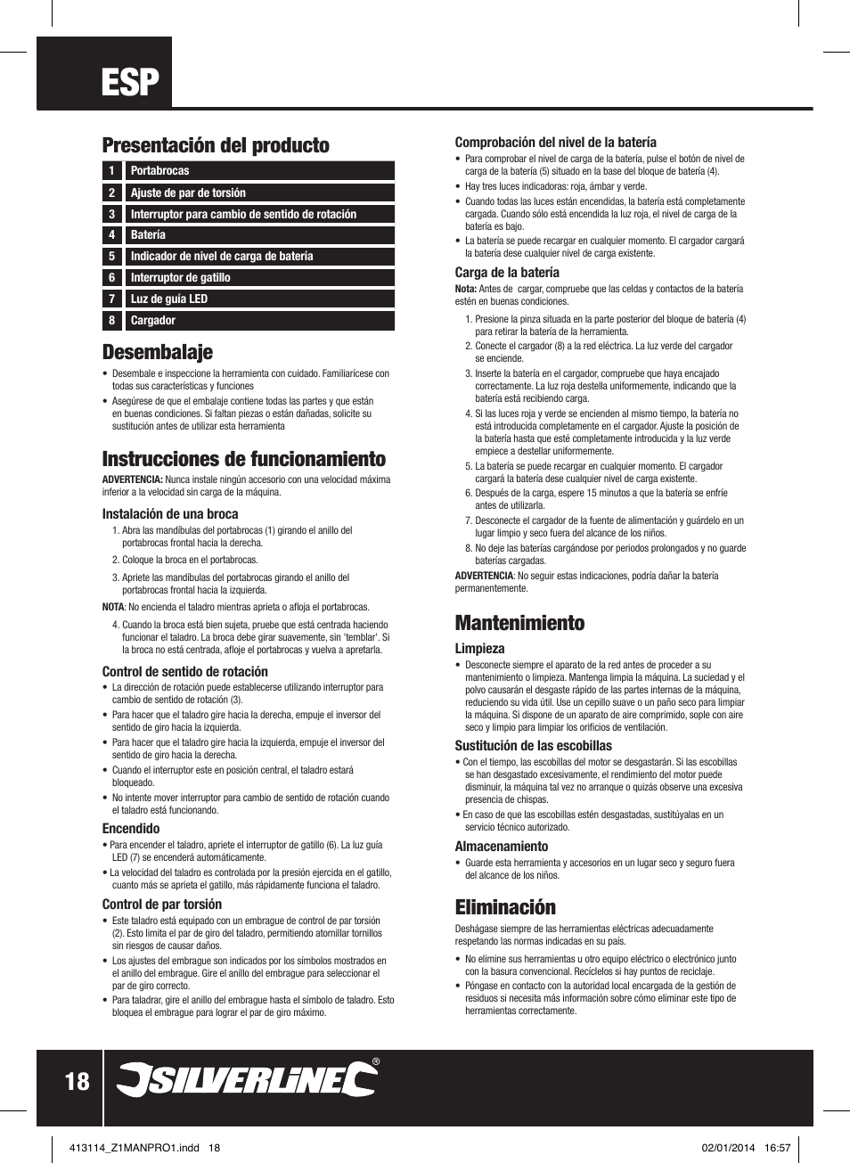 Desembalaje, Instrucciones de funcionamiento, Mantenimiento | Eliminación, Presentación del producto | Silverline 10.8V Drill Driver User Manual | Page 19 / 28