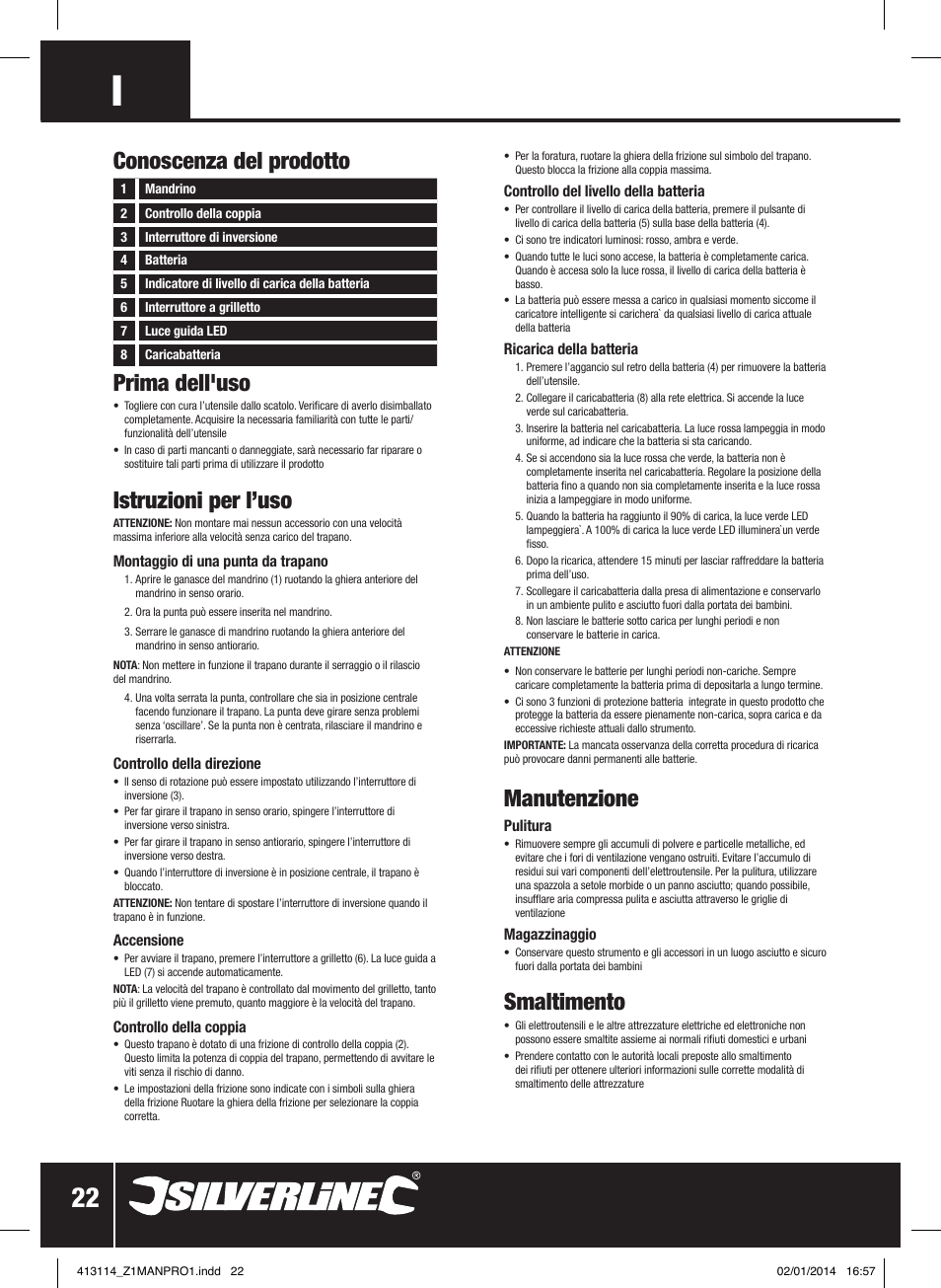 Prima dell'uso, Istruzioni per l’uso, Manutenzione | Smaltimento, Conoscenza del prodotto | Silverline 10.8V Drill Driver User Manual | Page 23 / 28