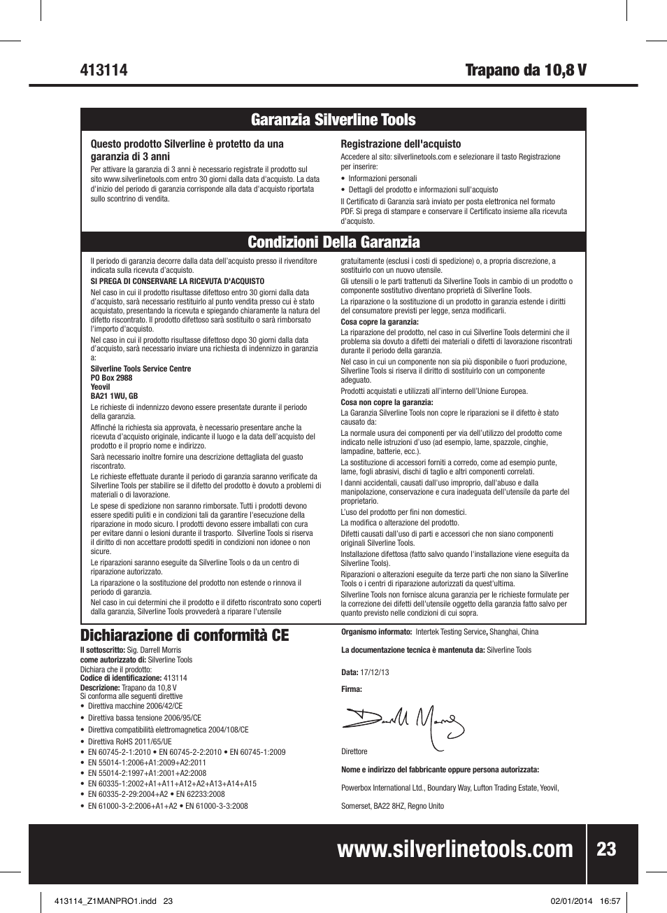 Dichiarazione di conformità ce | Silverline 10.8V Drill Driver User Manual | Page 24 / 28