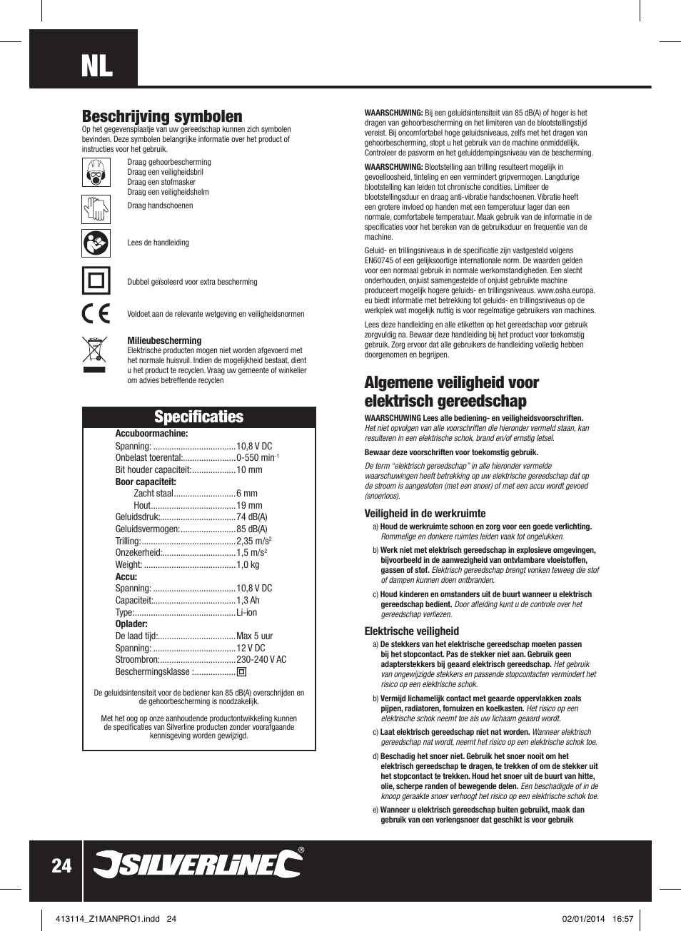 Algemene veiligheid voor elektrisch gereedschap, Beschrijving symbolen, Specificaties | Silverline 10.8V Drill Driver User Manual | Page 25 / 28