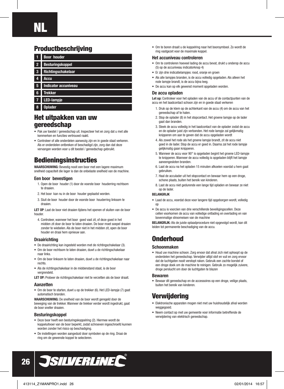 Het uitpakken van uw gereedschap, Bedieningsinstructies, Onderhoud | Verwijdering, Productbeschrijving | Silverline 10.8V Drill Driver User Manual | Page 27 / 28