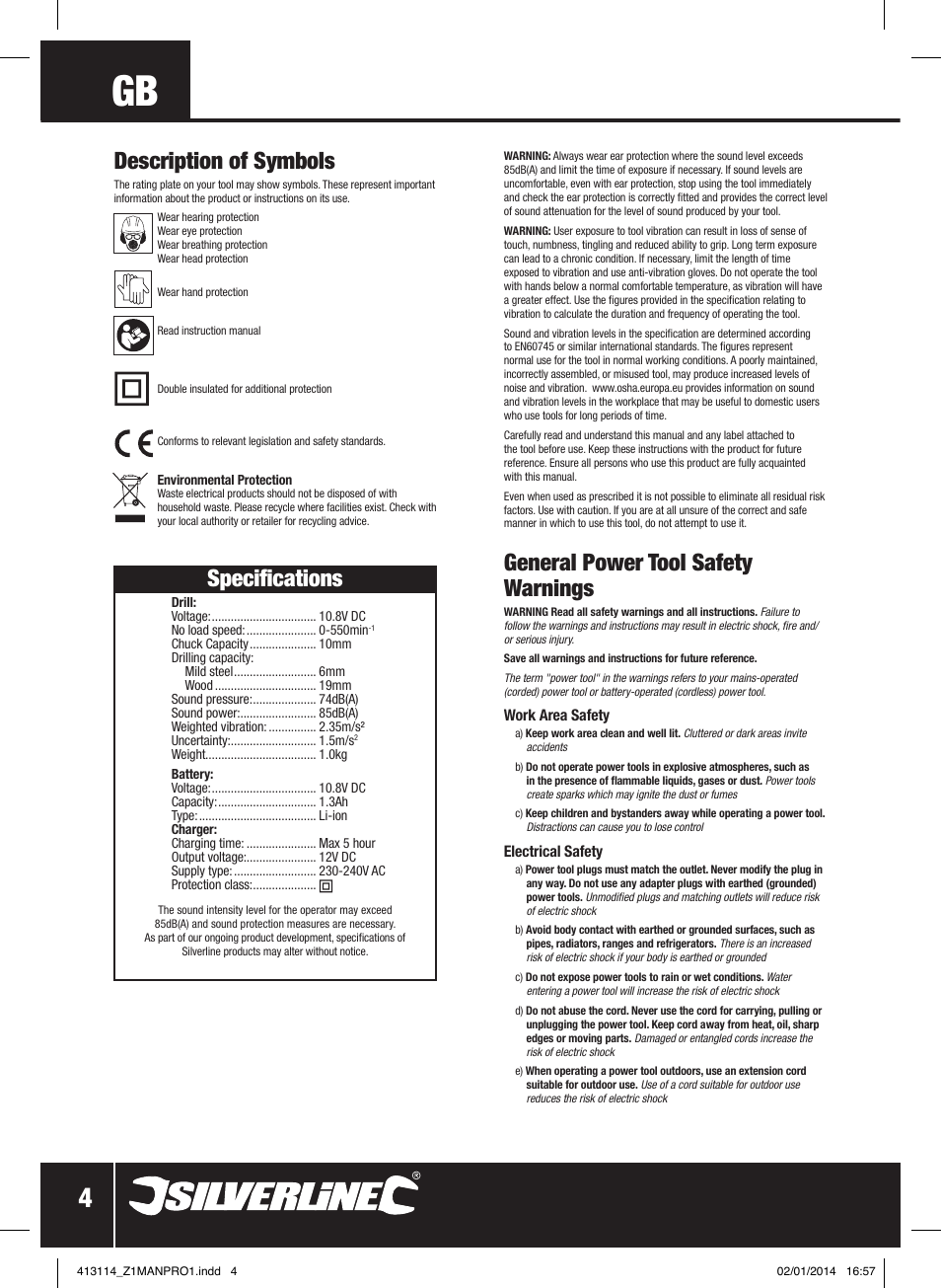 General power tool safety warnings, Description of symbols, Specifications | Silverline 10.8V Drill Driver User Manual | Page 5 / 28