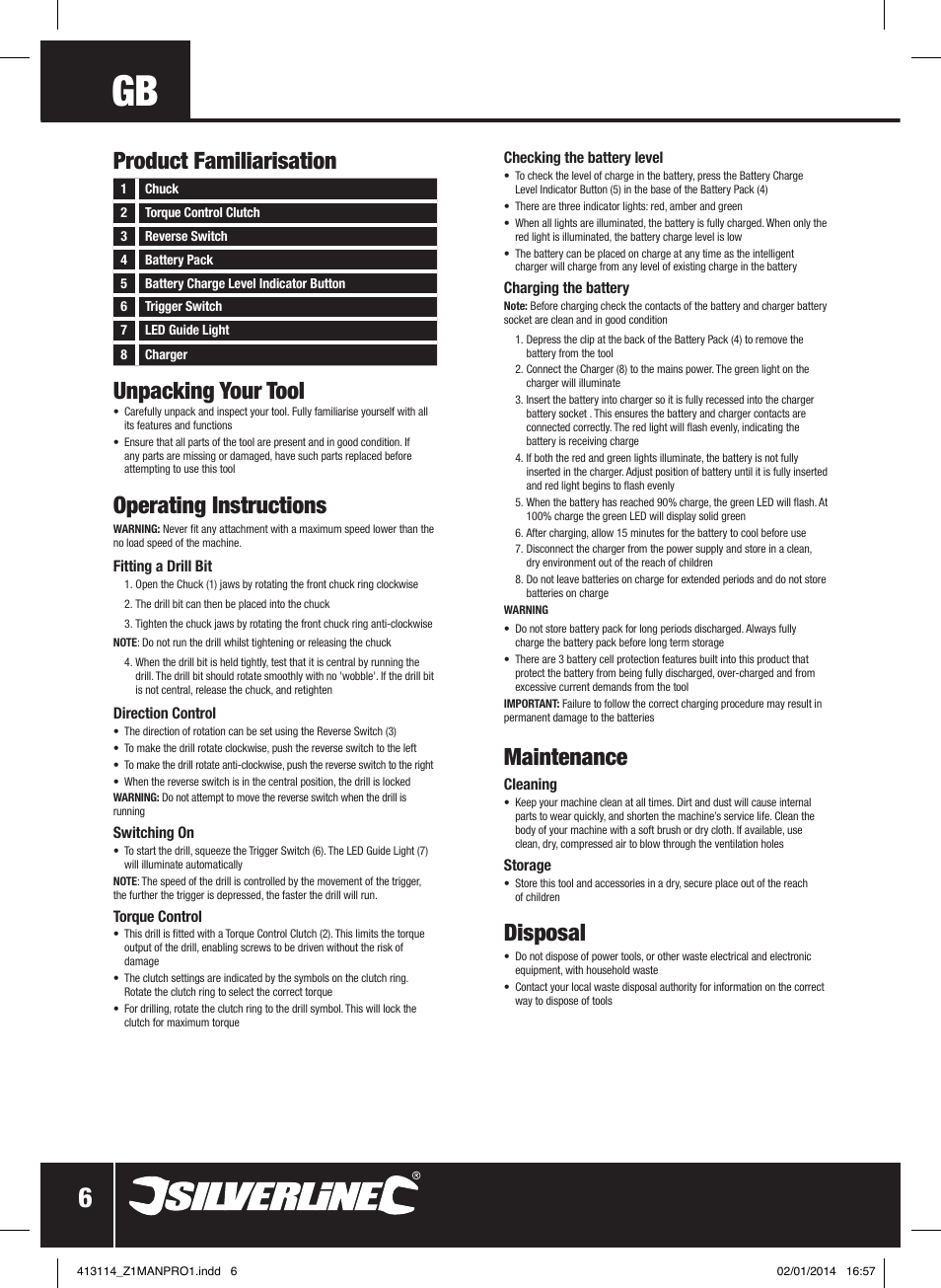 Unpacking your tool, Operating instructions, Maintenance | Disposal, Product familiarisation | Silverline 10.8V Drill Driver User Manual | Page 7 / 28