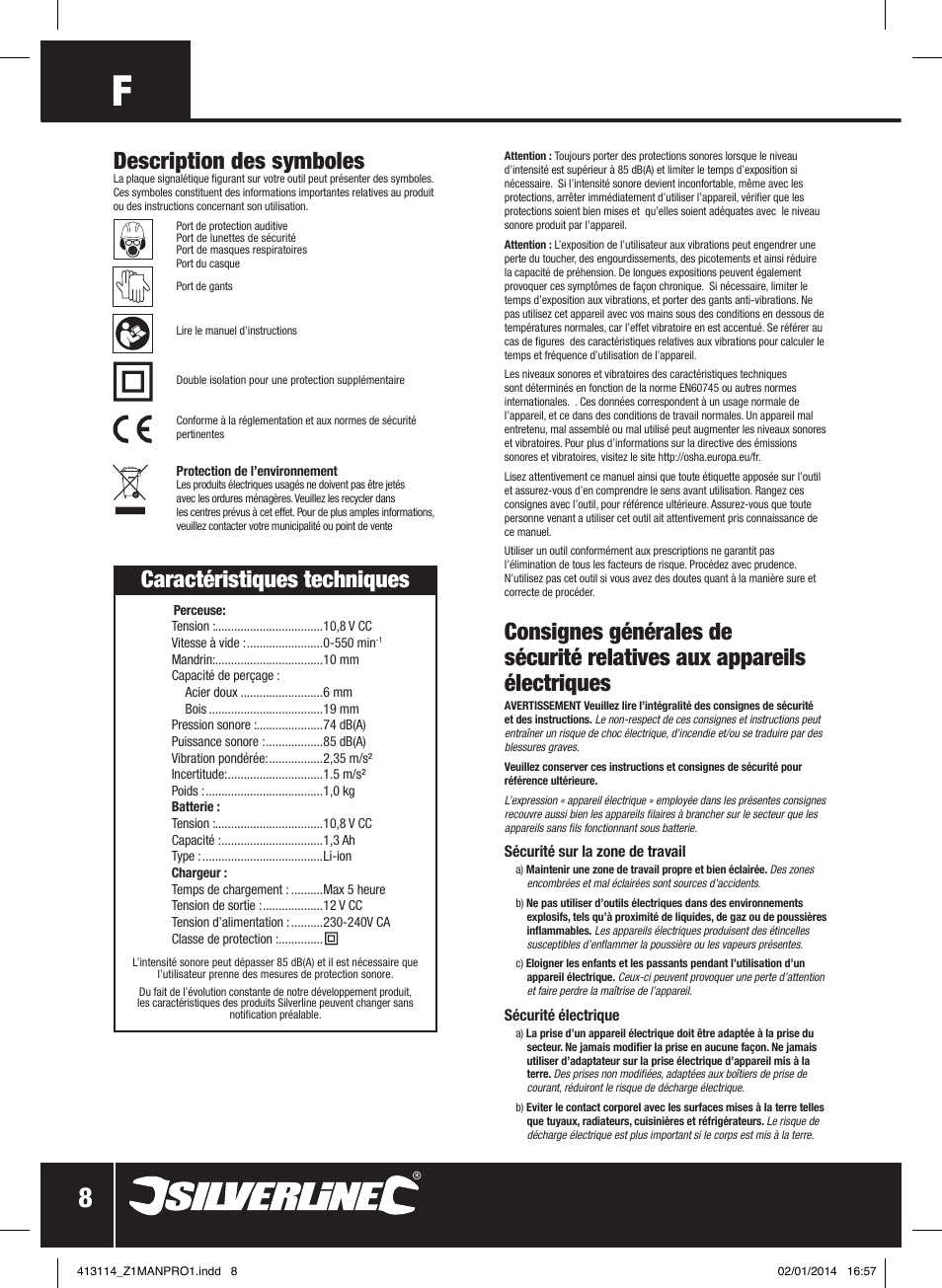 Description des symboles, Caractéristiques techniques | Silverline 10.8V Drill Driver User Manual | Page 9 / 28