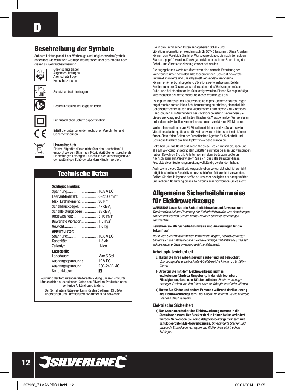 Beschreibung der symbole, Technische daten | Silverline 10.8V Impact Driver User Manual | Page 13 / 28