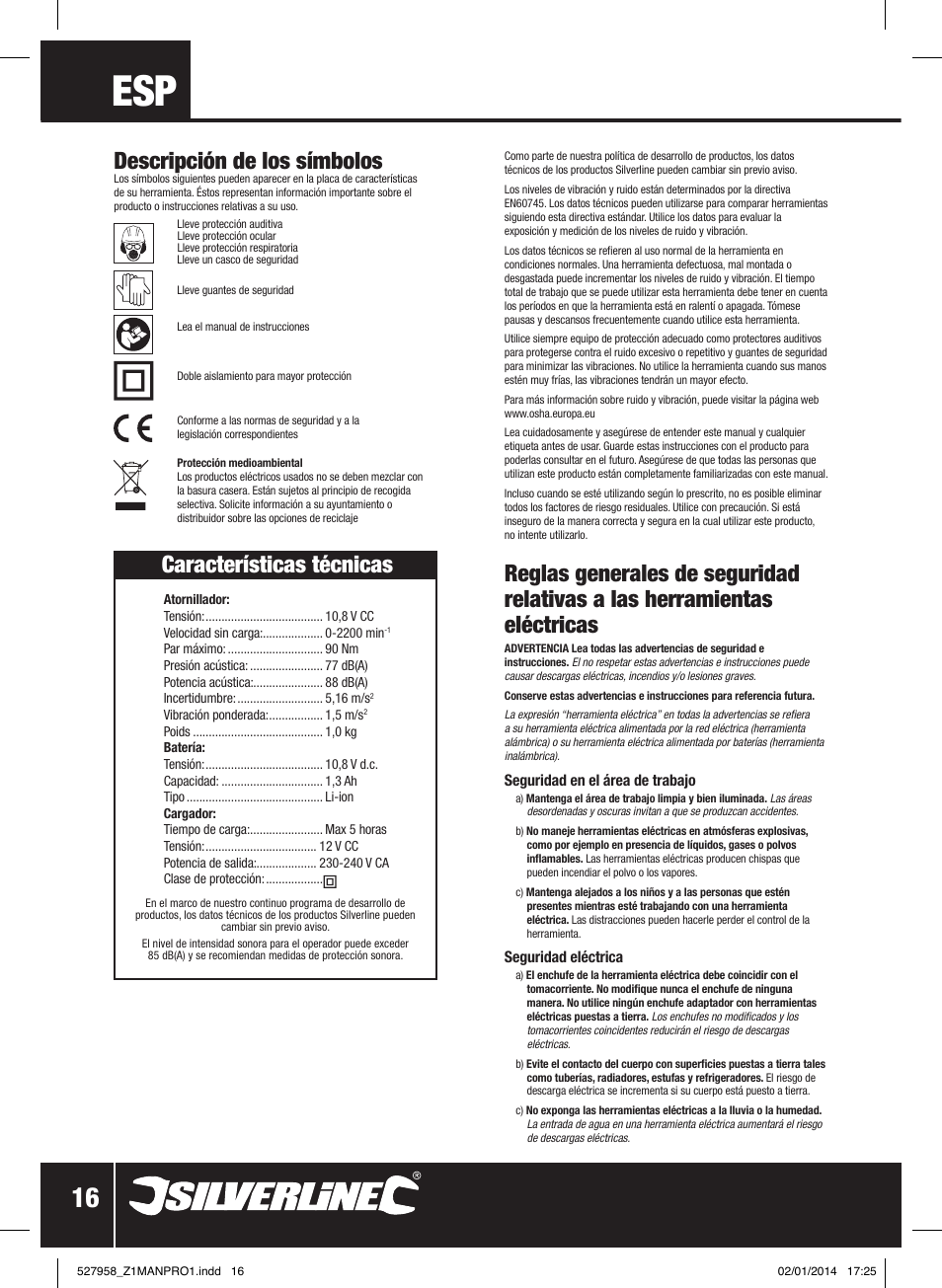 Descripción de los símbolos, Características técnicas | Silverline 10.8V Impact Driver User Manual | Page 17 / 28