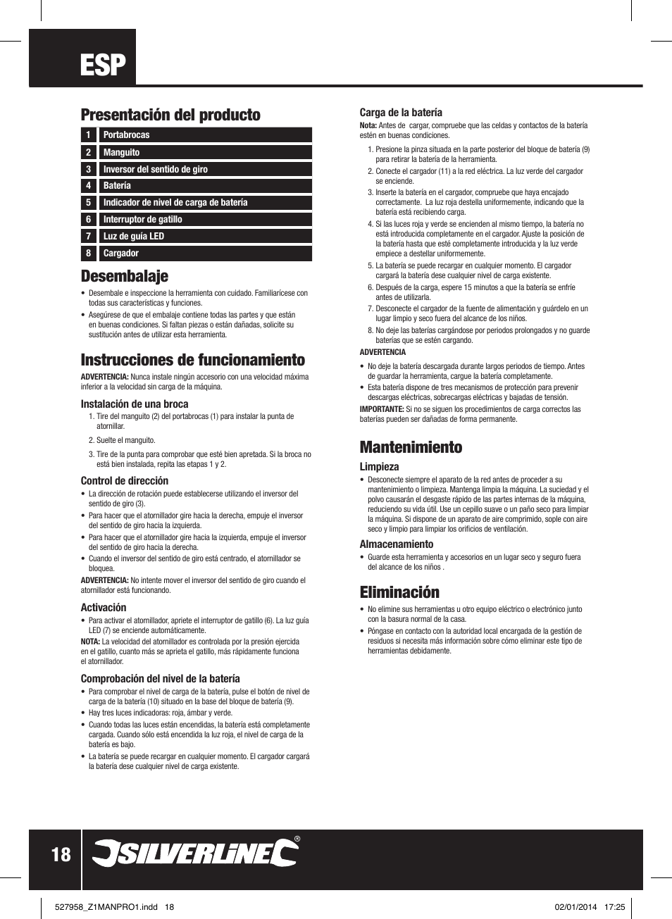 Desembalaje, Instrucciones de funcionamiento, Mantenimiento | Eliminación, Presentación del producto | Silverline 10.8V Impact Driver User Manual | Page 19 / 28