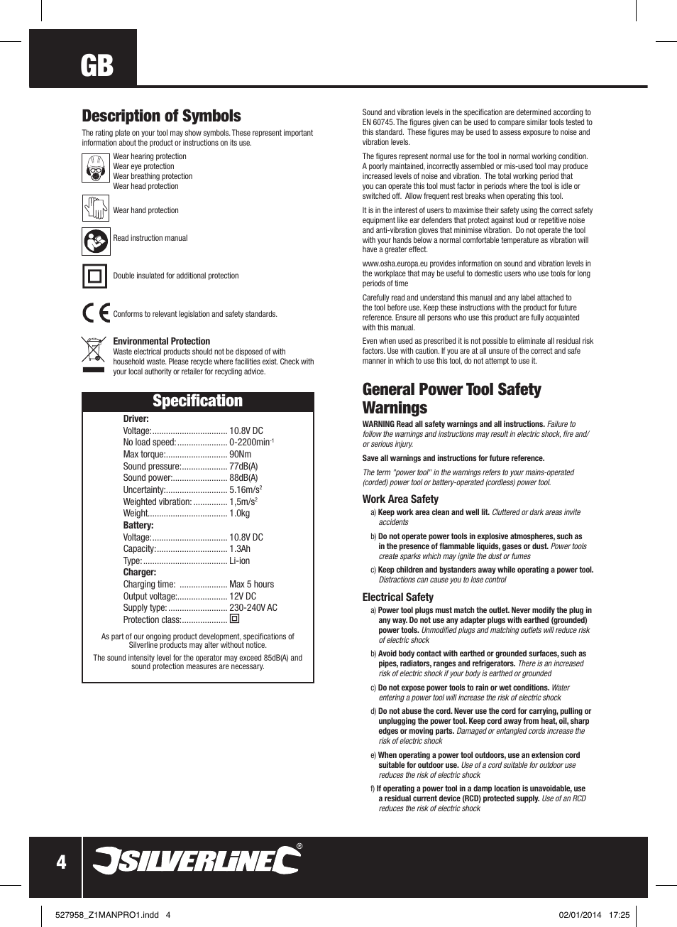General power tool safety warnings, Description of symbols, Specification | Silverline 10.8V Impact Driver User Manual | Page 5 / 28