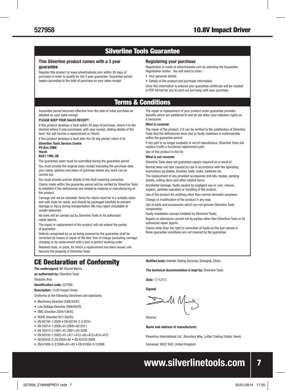 Ce declaration of conformity | Silverline 10.8V Impact Driver User Manual | Page 8 / 28