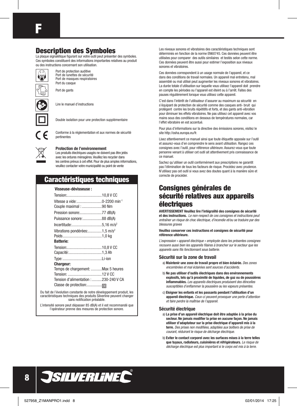 Description des symboles, Caractéristiques techniques | Silverline 10.8V Impact Driver User Manual | Page 9 / 28