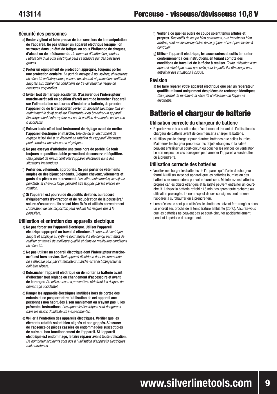 Batterie et chargeur de batterie, Sécurité des personnes, Utilisation et entretien des appareils électrique | Révision, Utilisation correcte du chargeur de batterie, Utilisation correcte des batteries | Silverline 10.8V Twin Pack User Manual | Page 10 / 56