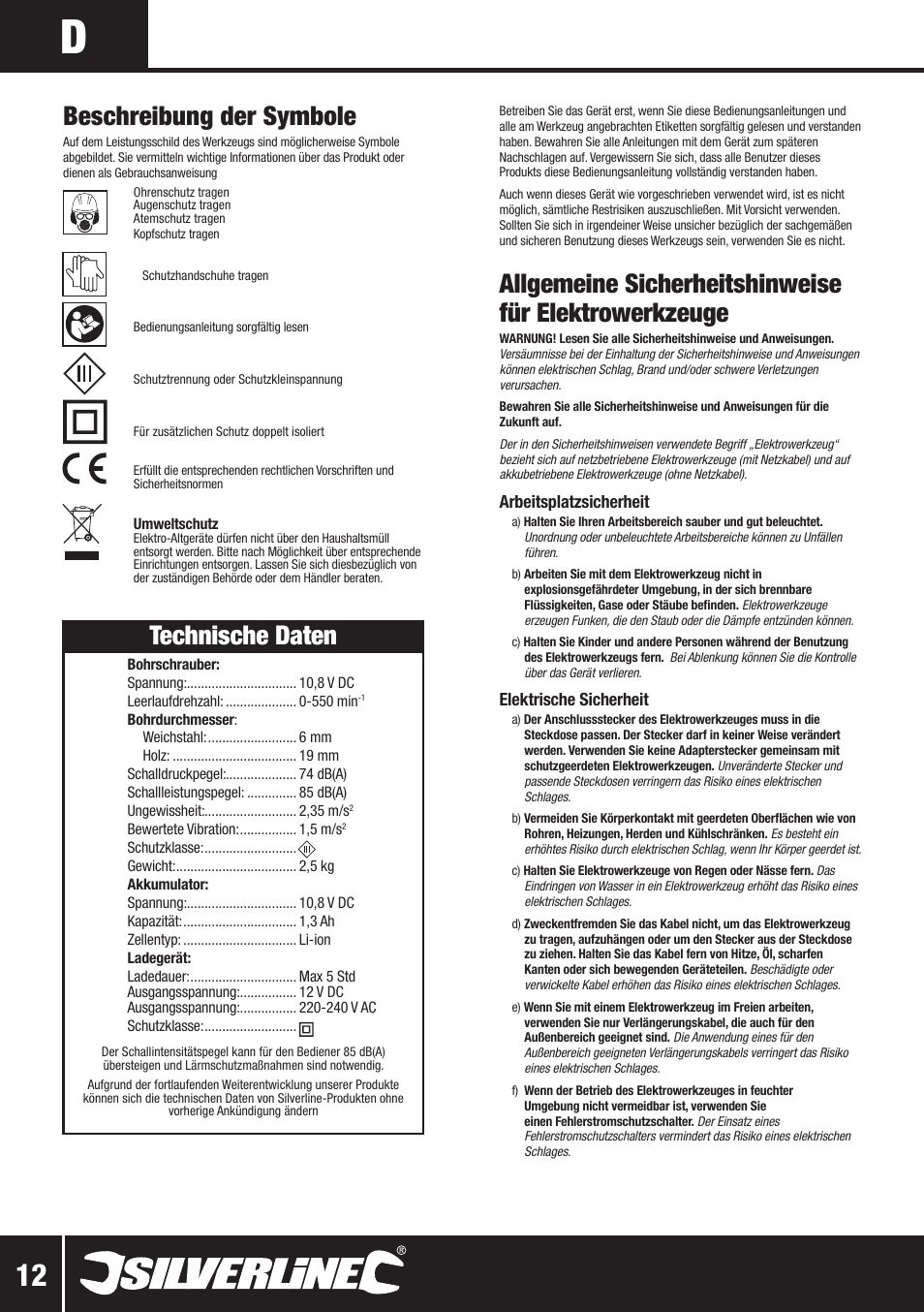 Beschreibung der symbole, Technische daten, Arbeitsplatzsicherheit | Elektrische sicherheit | Silverline 10.8V Twin Pack User Manual | Page 13 / 56