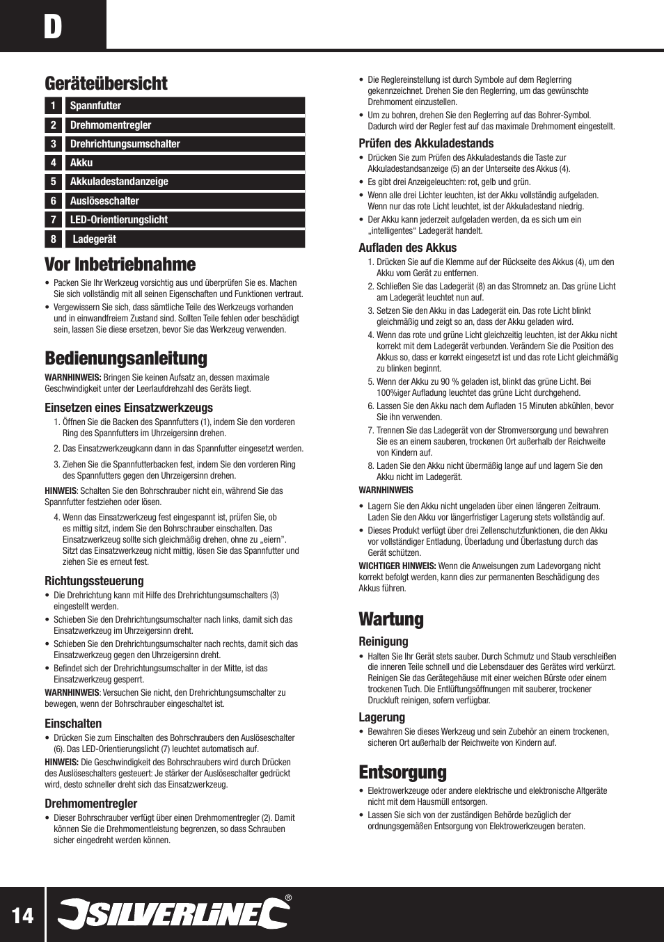 Vor inbetriebnahme, Bedienungsanleitung, Wartung | Entsorgung, Geräteübersicht | Silverline 10.8V Twin Pack User Manual | Page 15 / 56