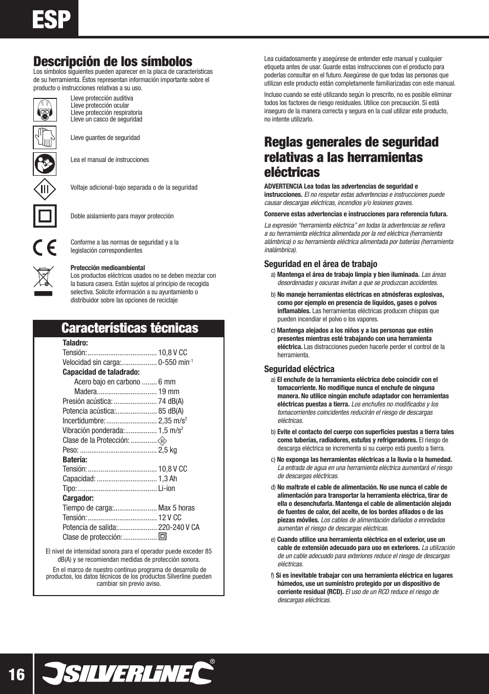 Descripción de los símbolos, Características técnicas, Seguridad en el área de trabajo | Seguridad eléctrica | Silverline 10.8V Twin Pack User Manual | Page 17 / 56