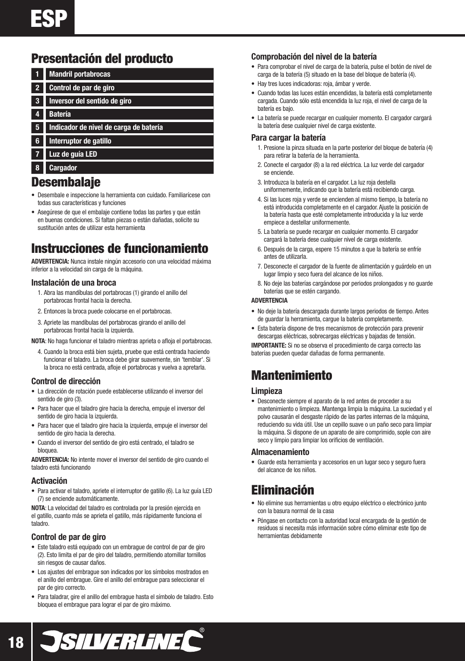Desembalaje, Instrucciones de funcionamiento, Mantenimiento | Eliminación, Presentación del producto | Silverline 10.8V Twin Pack User Manual | Page 19 / 56