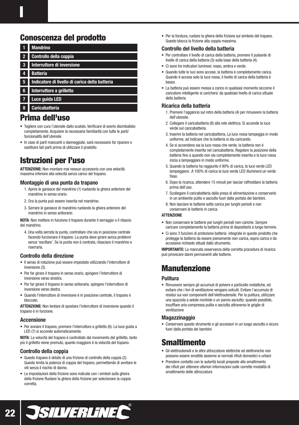 Prima dell'uso, Istruzioni per l’uso, Manutenzione | Smaltimento, Conoscenza del prodotto | Silverline 10.8V Twin Pack User Manual | Page 23 / 56