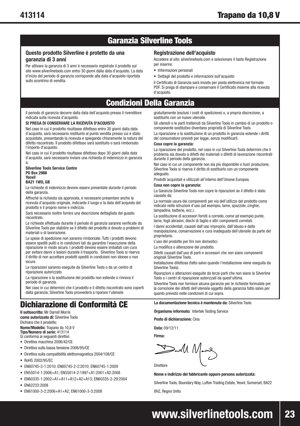 Dichiarazione di conformità ce | Silverline 10.8V Twin Pack User Manual | Page 24 / 56
