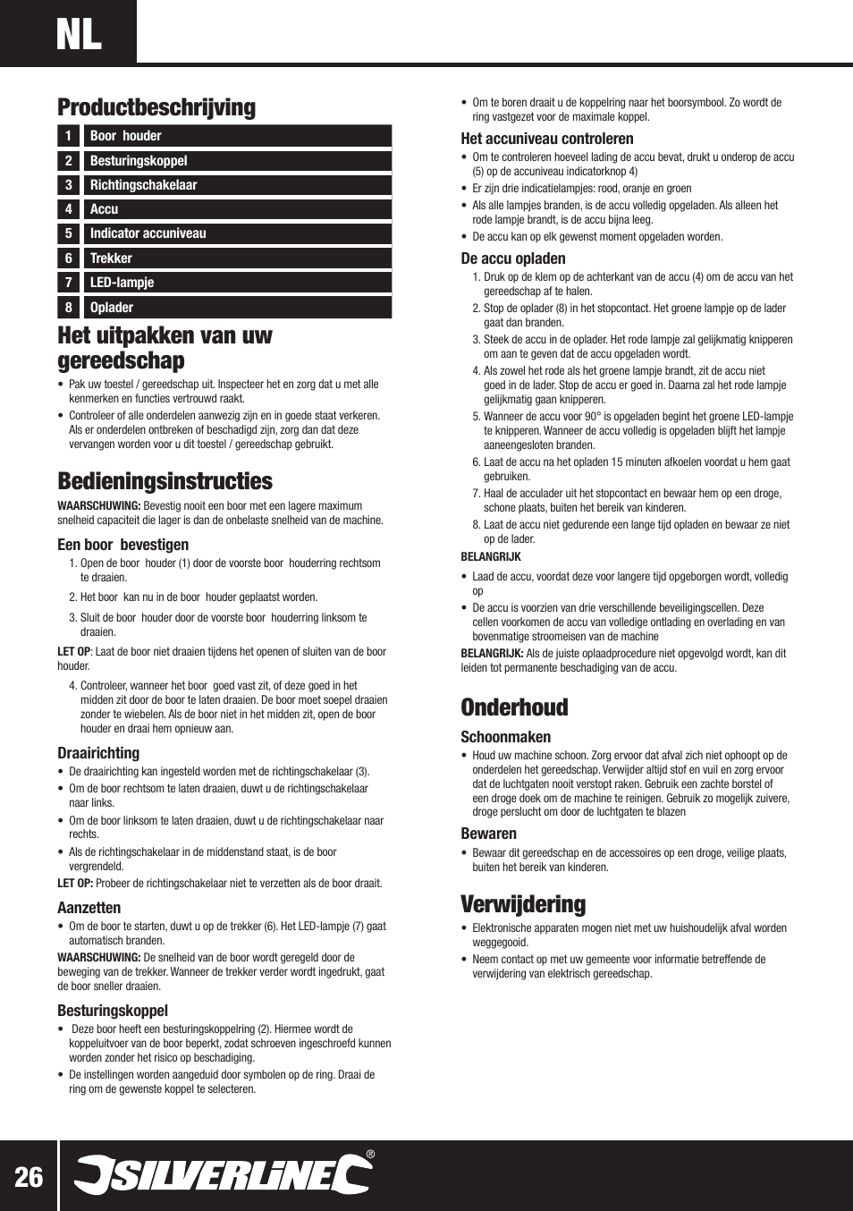 Het uitpakken van uw gereedschap, Bedieningsinstructies, Onderhoud | Verwijdering, Productbeschrijving | Silverline 10.8V Twin Pack User Manual | Page 27 / 56