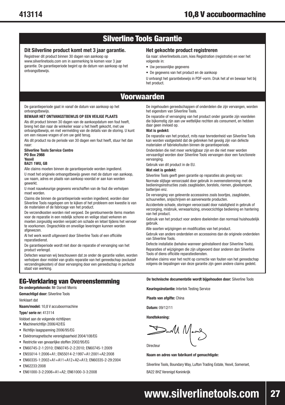 Voorwaarden silverline tools garantie, Eg-verklaring van overeenstemming | Silverline 10.8V Twin Pack User Manual | Page 28 / 56